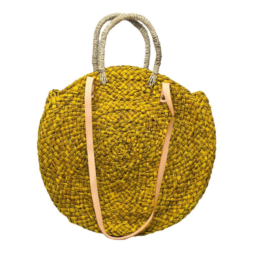 Yellow STREET LEVEL OVERSIZED Woven STRAW ROUND BEACH TOTE BAG Purse‎ Boho